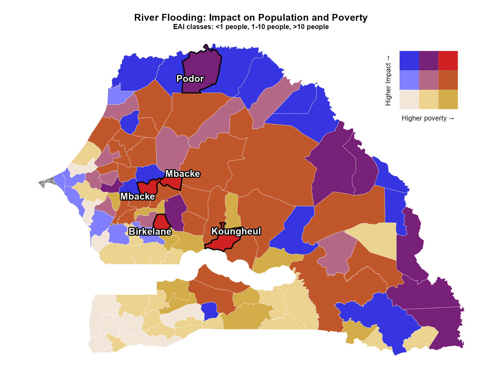Mapa bivariado: Riesgo de inundación vs. pobreza relativa. Las zonas en categorías “alto riesgo + alta pobreza” son prioritarias para intervenciones de reducción del riesgo. Fuente: Banco Mundial CCDR-Tools (GFDRR, 2024). Licencia: GPL-3.0.